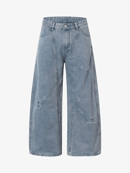 Washed Distressed Ripped Barrel Jeans