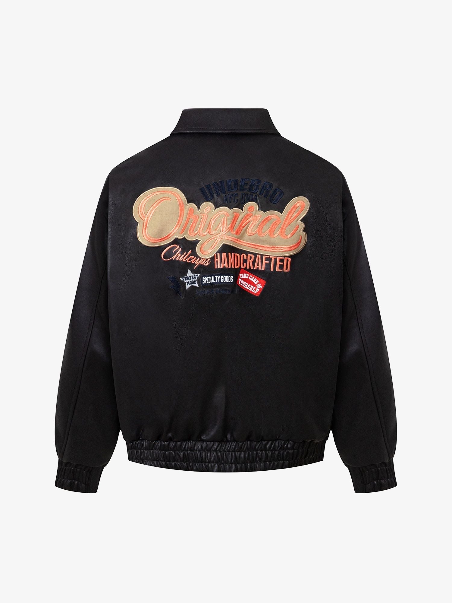 Thesupermade Lettering Embroidered Leather Bomber Jacket