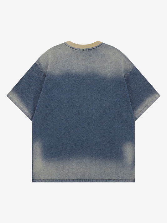 Distressed Washed Patchwork Gradient Denim T-shirt