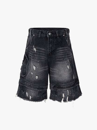 Ripped Washed Tassel Cargo Denim Shorts