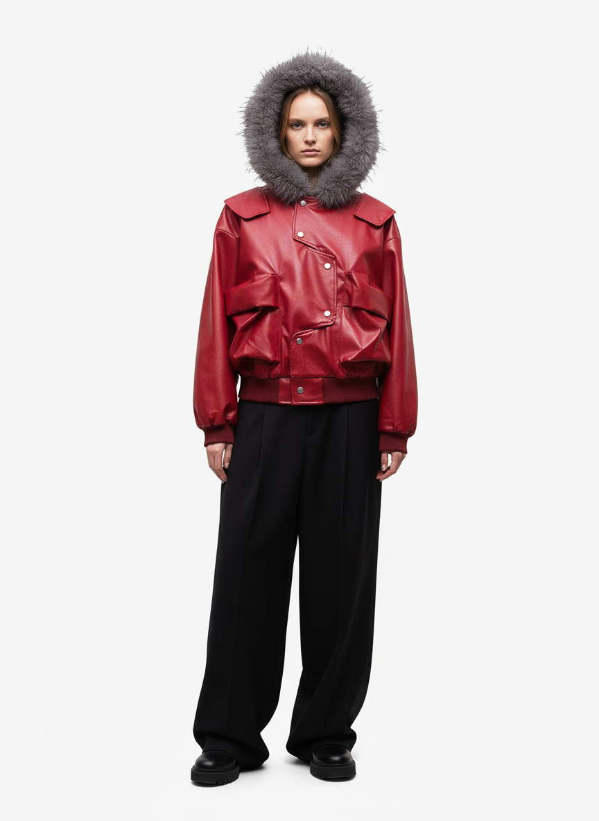 Deconstructed Multi Pocket Fur Hooded PU Leather Jacket