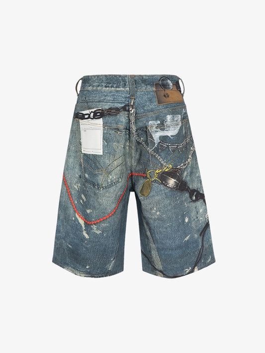 Retro Scissors Print Cropped Denim Shorts