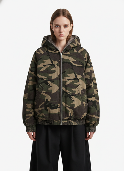 Thesupermade Camouflage Fur Collar Hooded Quilted Jacket