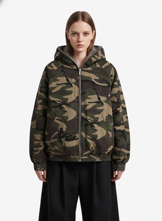 Thesupermade Camouflage Fur Collar Hooded Quilted Jacket