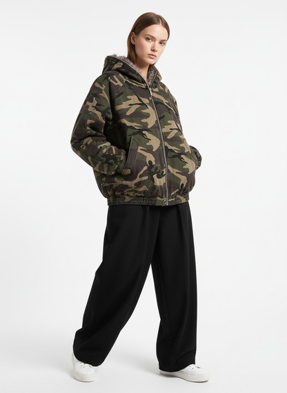 Thesupermade Camouflage Fur Collar Hooded Quilted Jacket