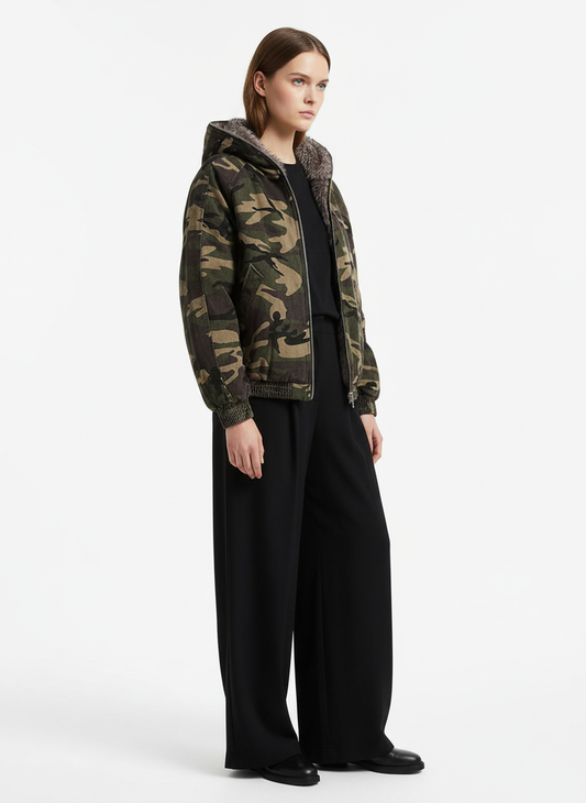 Thesupermade Camouflage Fur Collar Hooded Quilted Jacket