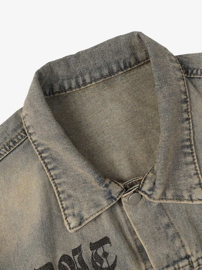 Washed Vintage Letter Print Denim Jacket