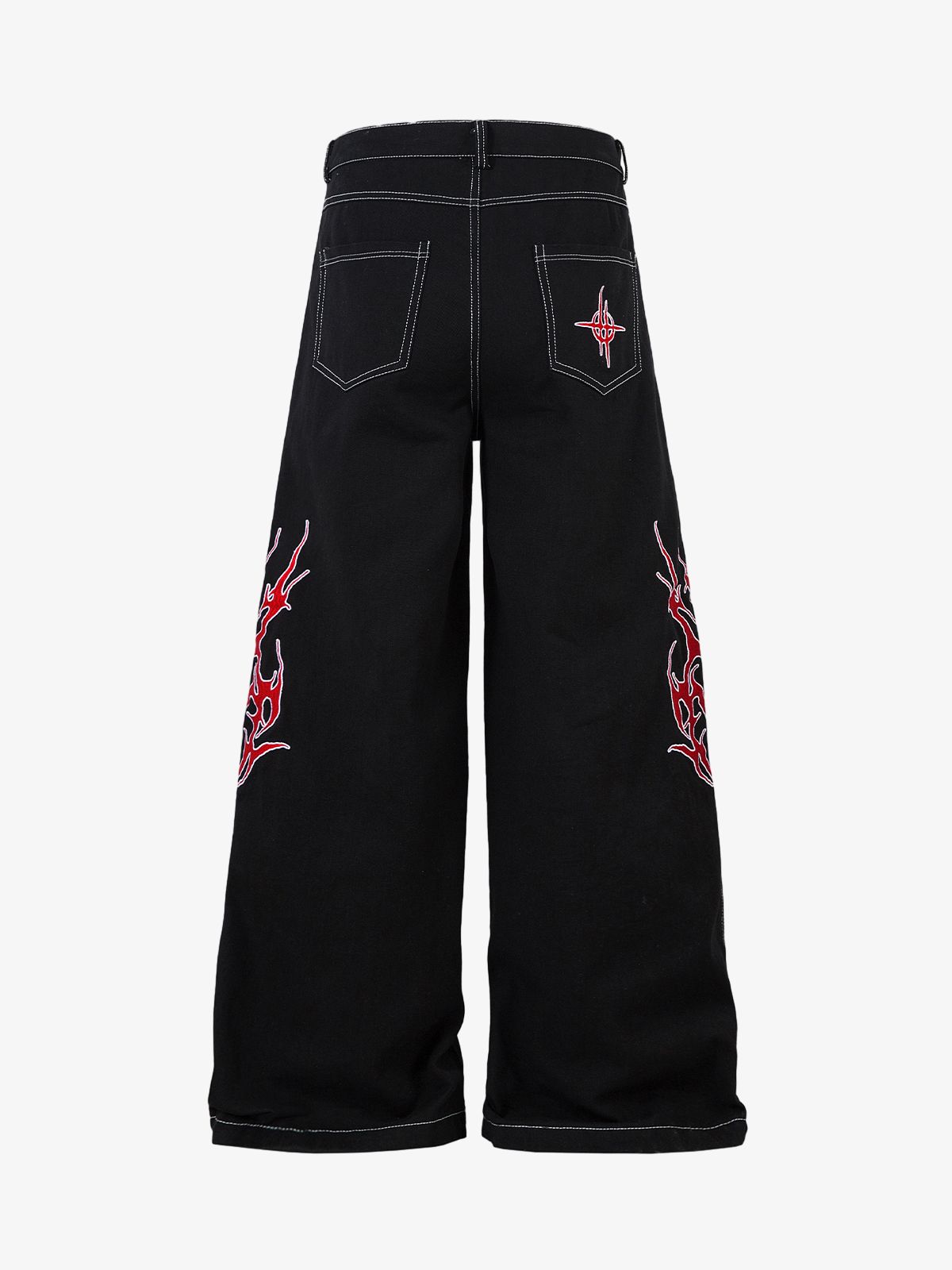 Contrast Flame Embroidered Baggy Jeans - 2364