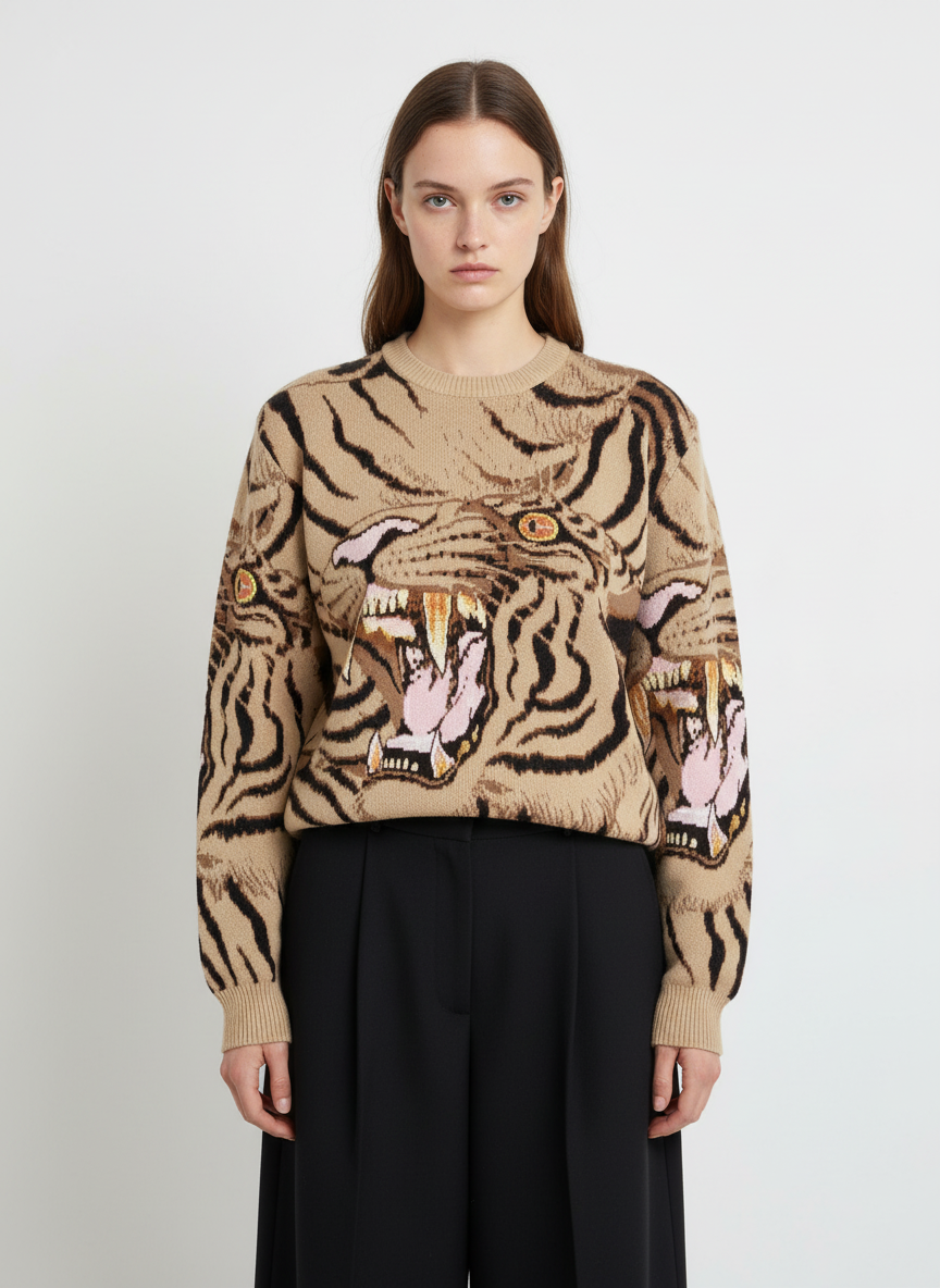 Tiger Crew Neck Knitted Sweater