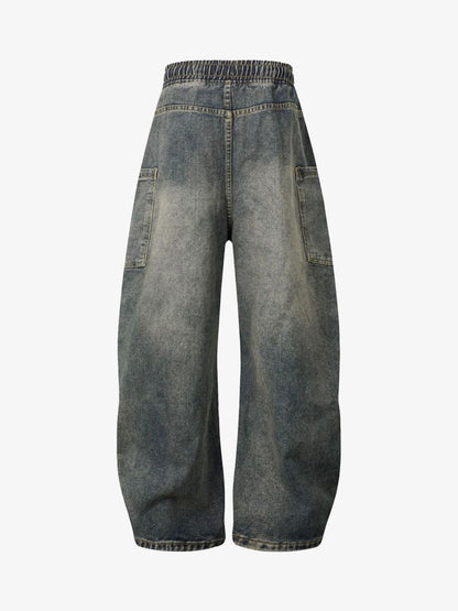 Washed Distressed Split Drawstring Barrel Jeans