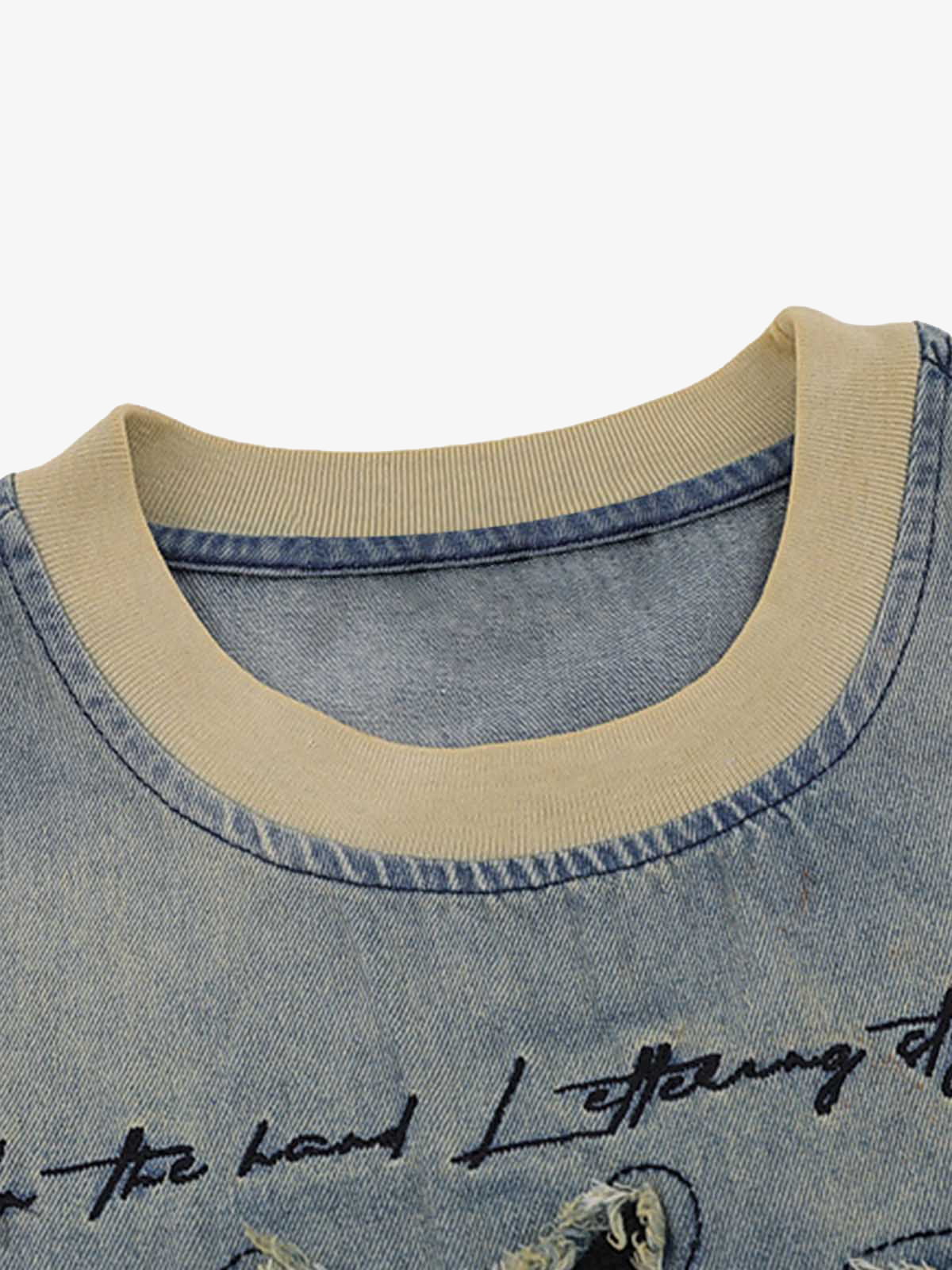 Distressed Washed Patchwork Gradient Denim T-shirt