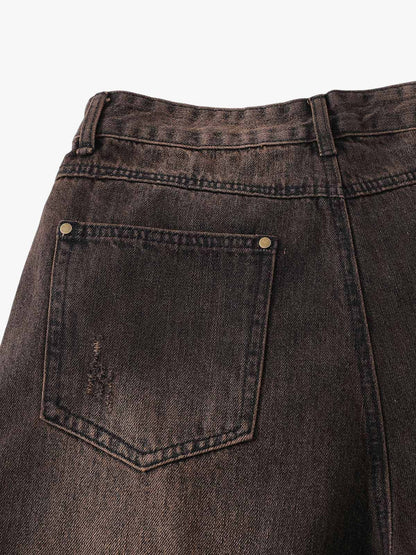 Distressed Washed Denim Cropped Jorts - 2399