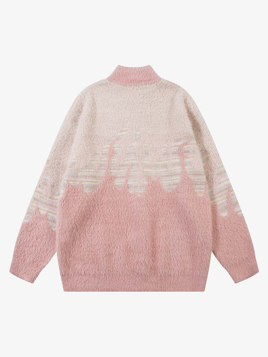 Thesupermade Flame Embroidery Fuzzy Zipper Sweater