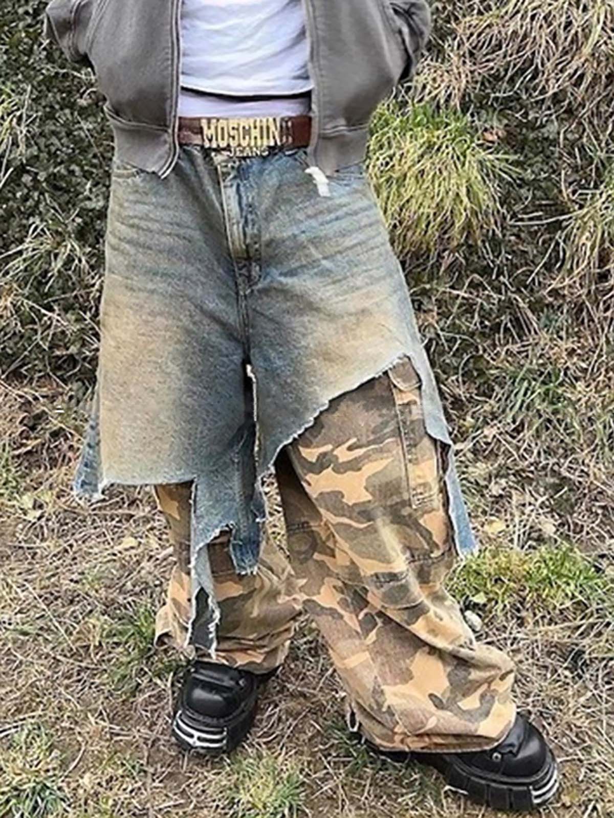 Retro Stitching Faux Two-Piece Camouflage Jeans - 2413