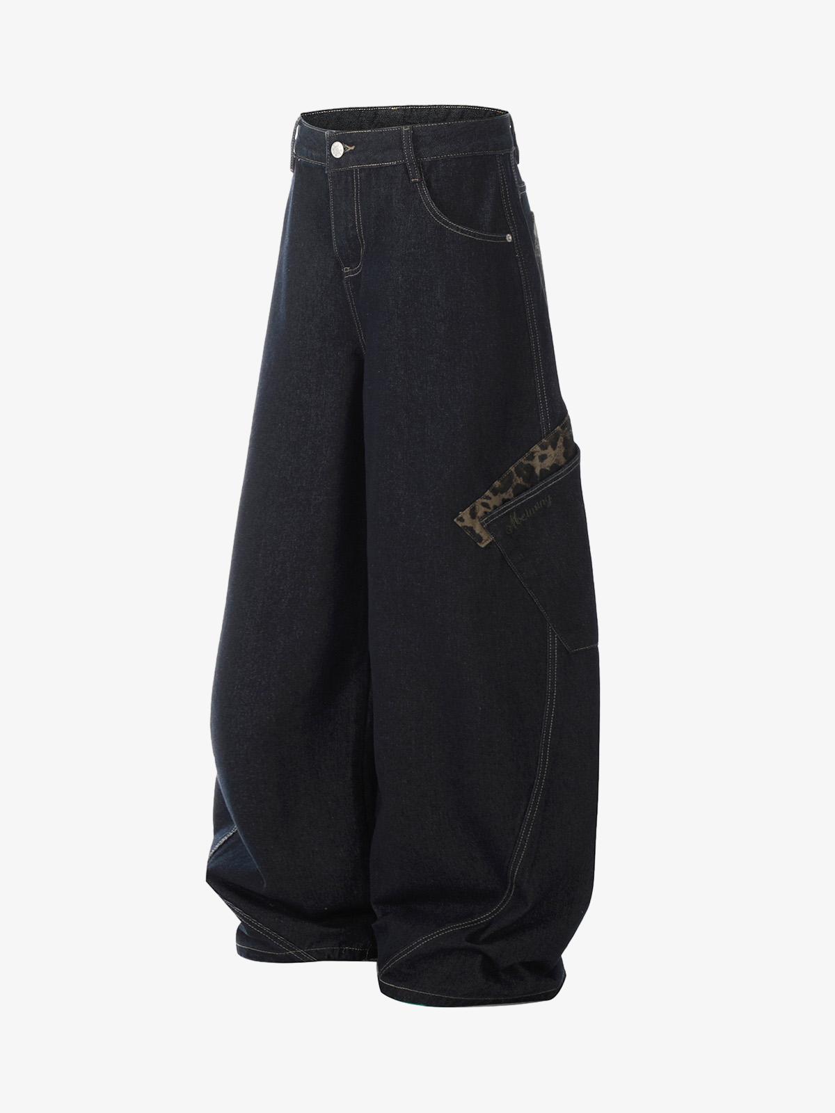 Deconstructed Cheetah Print Baggy Barrel Jeans - 2286