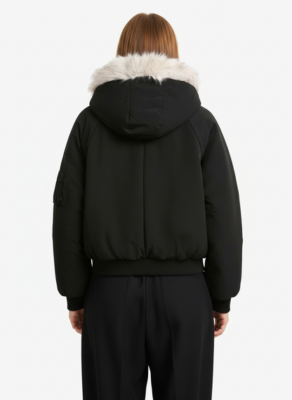 Retro Fur Hooded Fleece Bomber Jacket - 2478