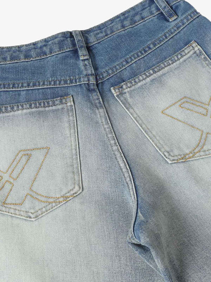 Distressed Washed Whisker Pleated Barrel Jeans