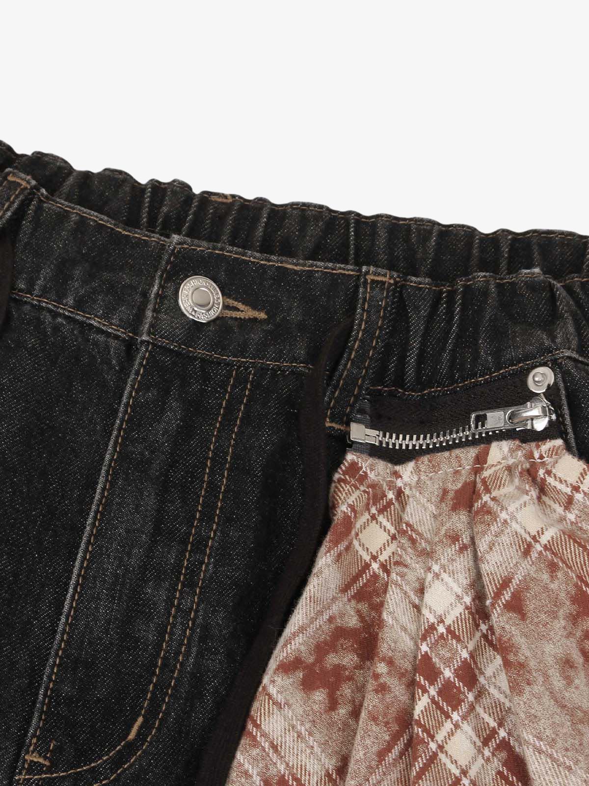 Patchwork Plaid Pleated Baggy Barrel Jeans - 2334