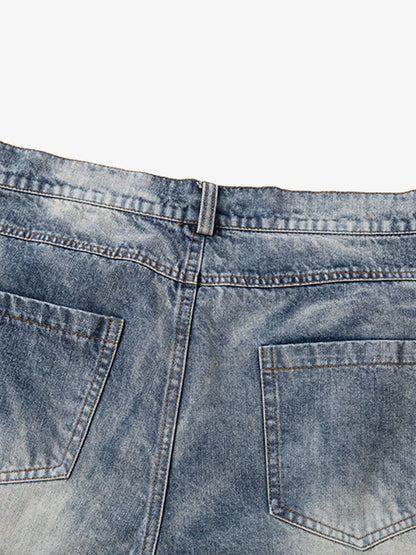 Distressed Washed Pleated Jeans