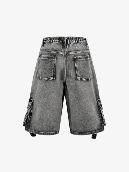 High-Waisted Multi-Pocket Denim Cargo Shorts