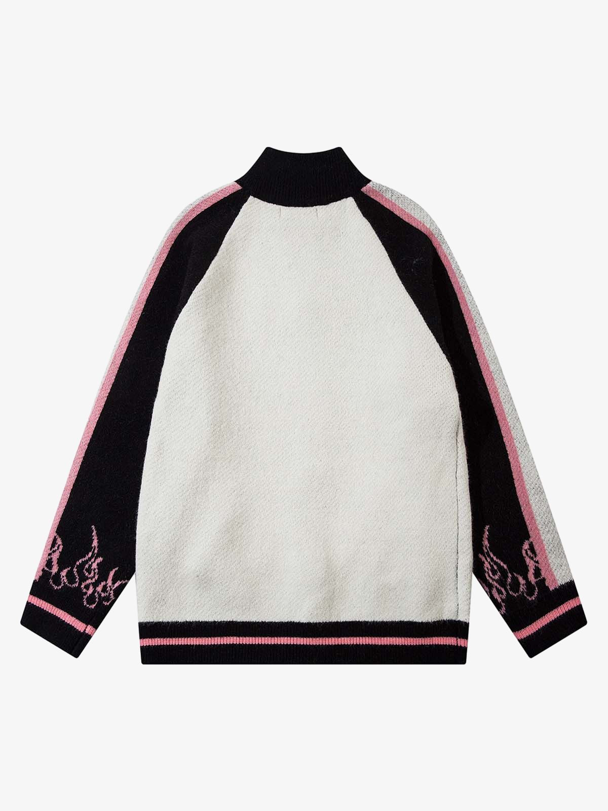 Thesupermade Contrast Color Jacquard Mock Neck Zipper Sweater