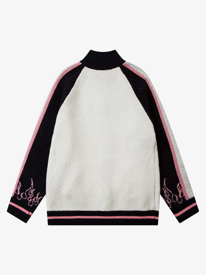 Thesupermade Contrast Color Jacquard Mock Neck Zipper Sweater
