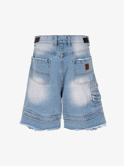 Ripped Washed Tassel Cargo Denim Shorts