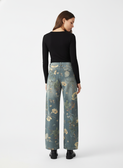 Denim Floral Print Carpenter Jeans - 2237