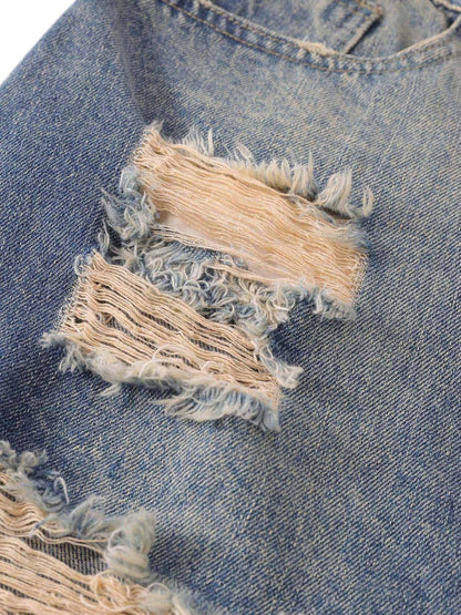 Thesupermade Hip-hop Ripped Washed Denim Jorts