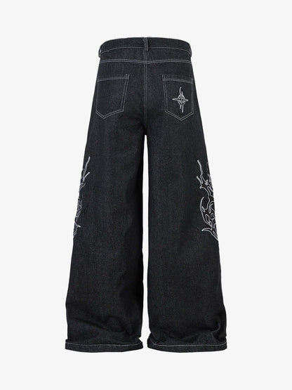 Embroidered Flame Baggy Jeans