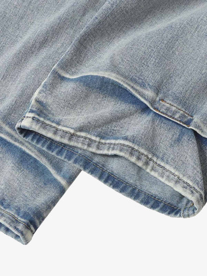 Distressed Washed Whisker Pleated Barrel Jeans