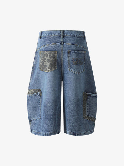Washed Cheetah Print Patchwork Denim Jorts