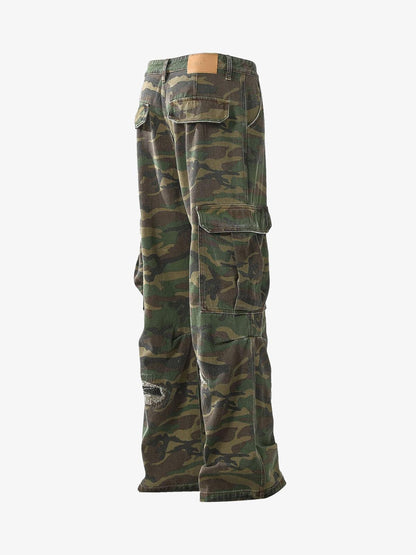 Ripped Camouflage Flared Cargo Pants - 2410