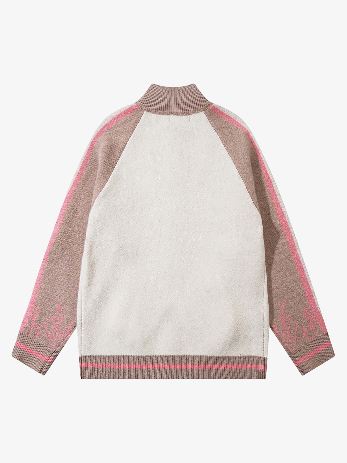 Thesupermade Contrast Color Jacquard Mock Neck Zipper Sweater