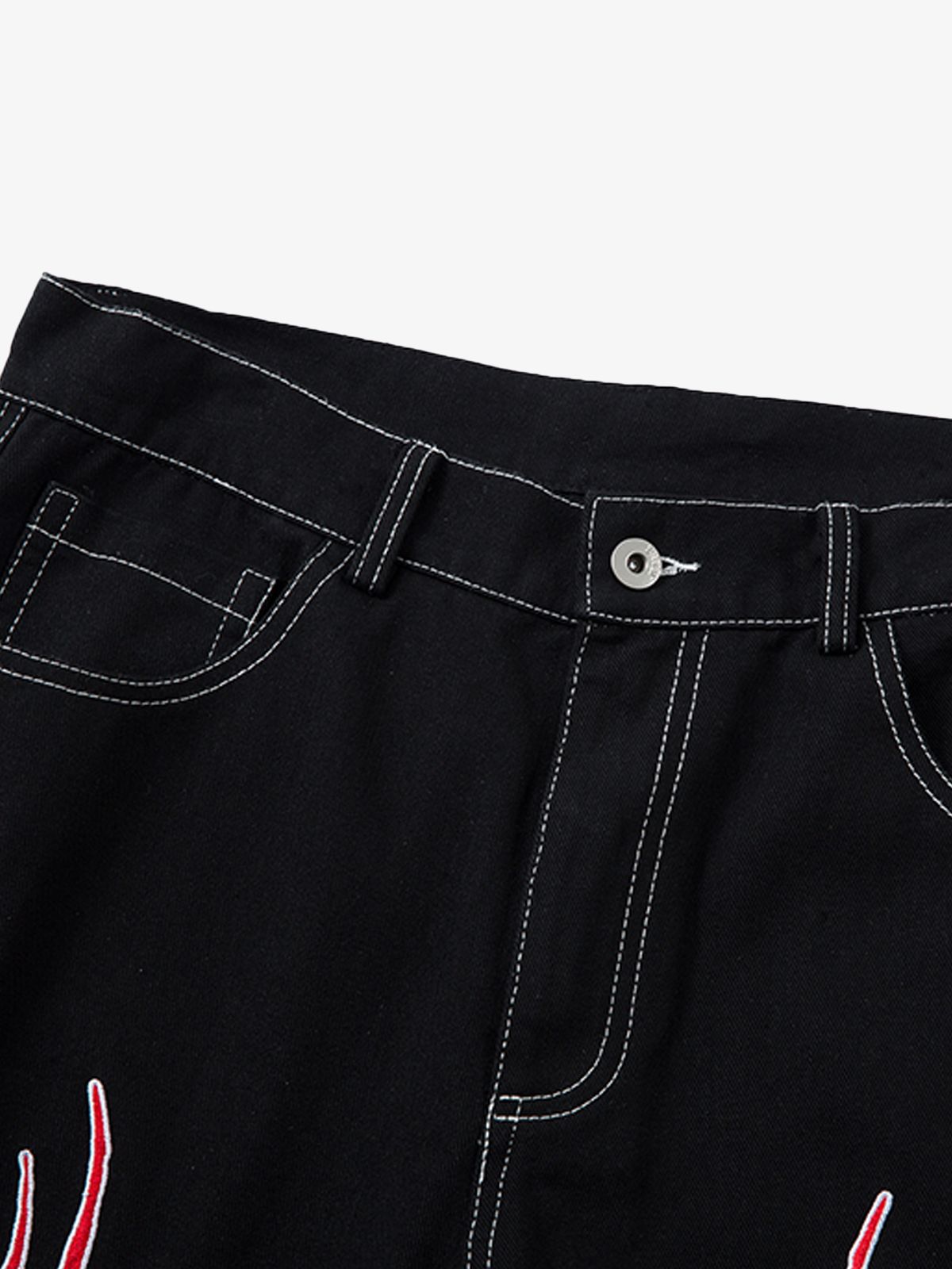 Contrast Flame Embroidered Baggy Jeans - 2364