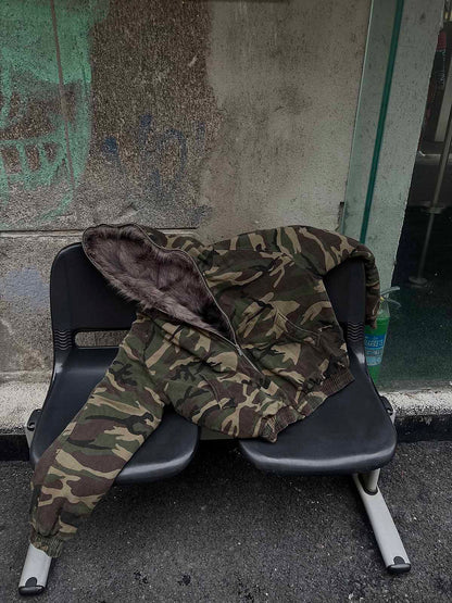 Thesupermade Camouflage Fur Collar Hooded Quilted Jacket