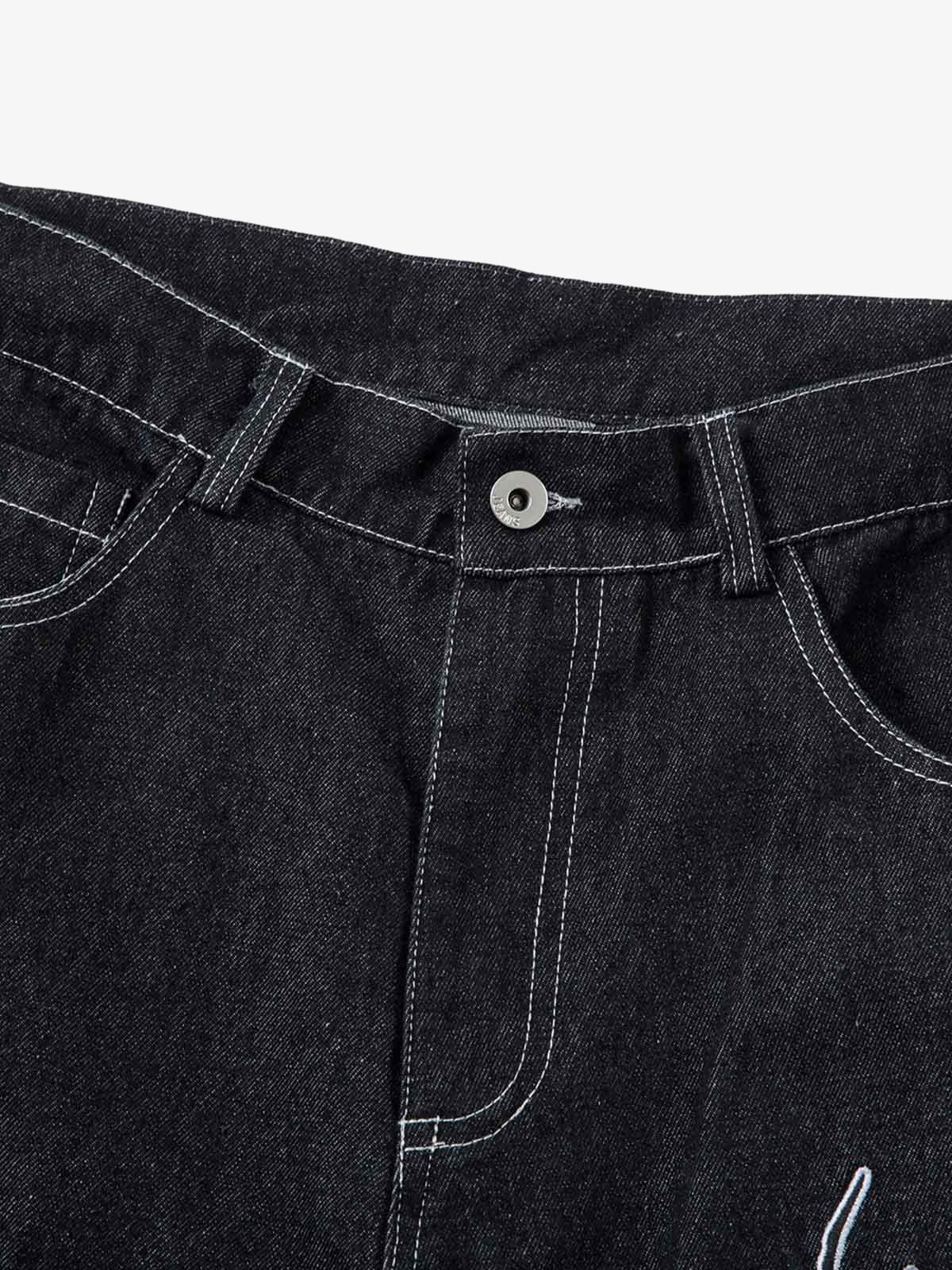 Embroidered Flame Baggy Jeans