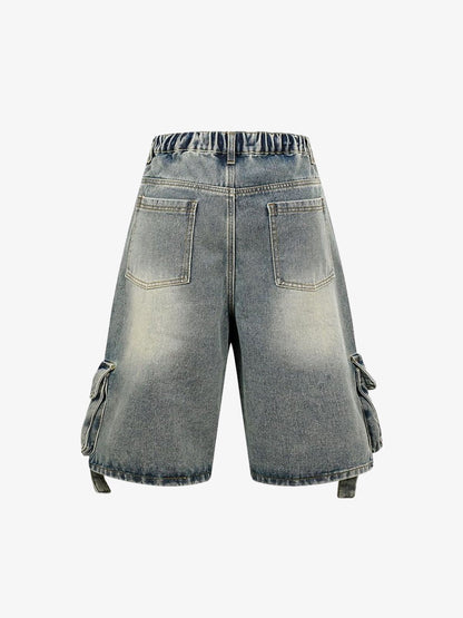 High-Waisted Multi-Pocket Denim Cargo Shorts