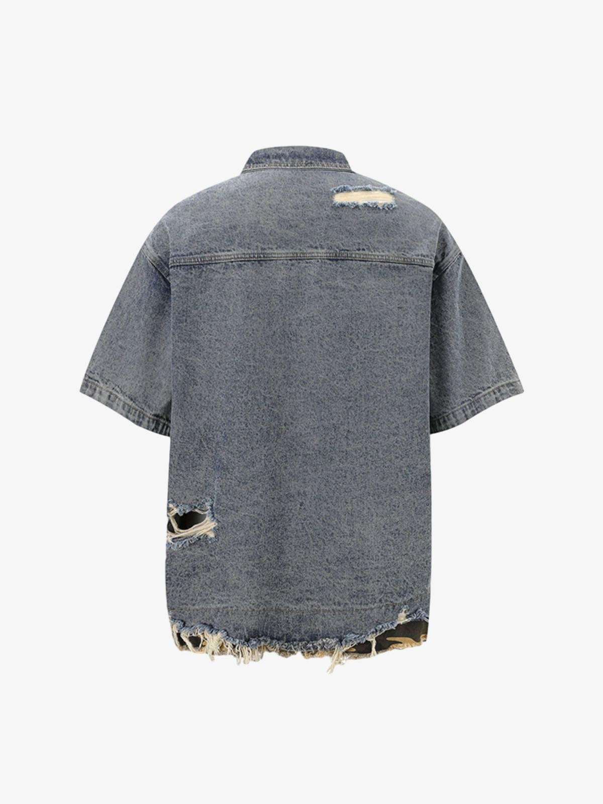 Thesupermade Patchwork Camouflage Ripped Shirt Jorts Denim Suit