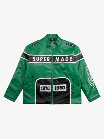 Thesupermade Vintage Biker Style Embroidered Leather Jacket - 1746