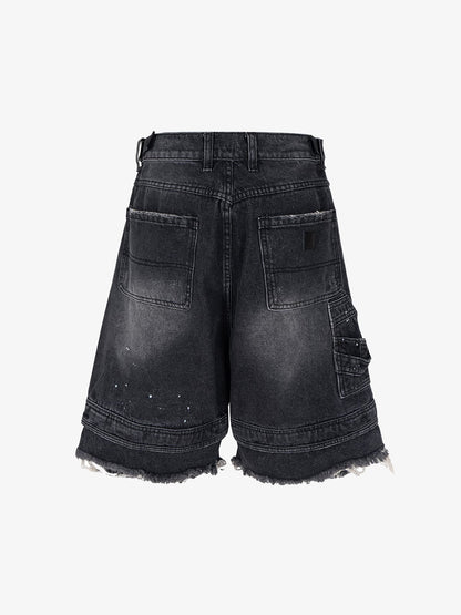 Ripped Washed Tassel Cargo Denim Shorts