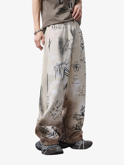 Distressed Washed Graffiti Baggy Jeans