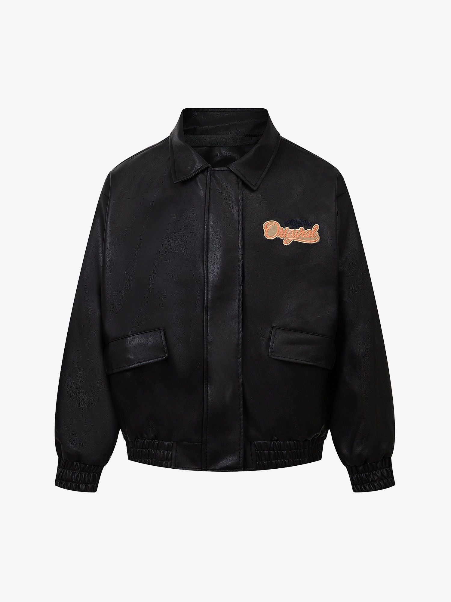 Thesupermade Lettering Embroidered Leather Bomber Jacket