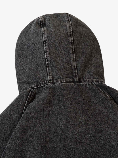 Washed Distressed Metal Zipper Hooded Denim Sweatshirt