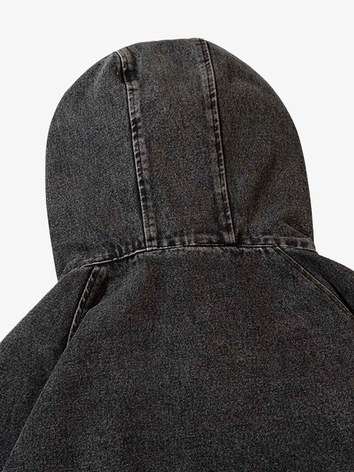 Washed Distressed Metal Zipper Hooded Denim Sweatshirt