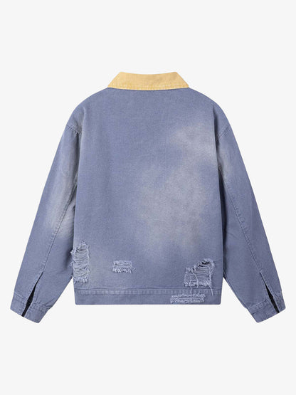 Retro Ripped Washed Contrast Color Work Jacket