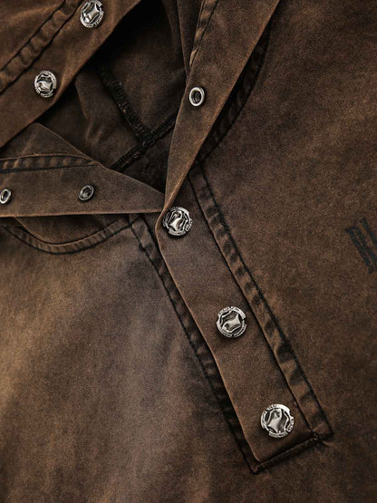 Distressed Washed Rivet Hooded Denim Sweatshirt