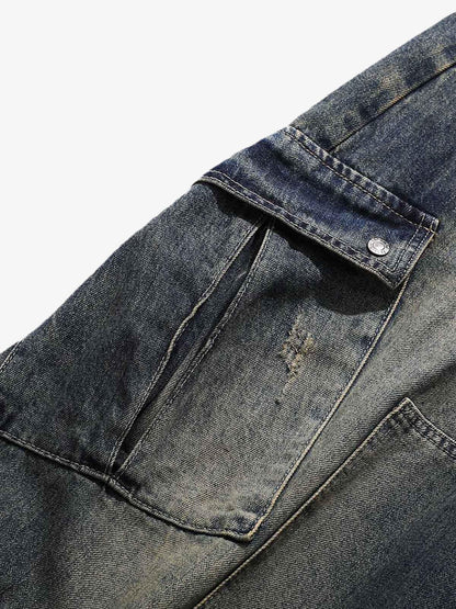 Washed Multi-Pocket Baggy Barrel Cargo Jeans