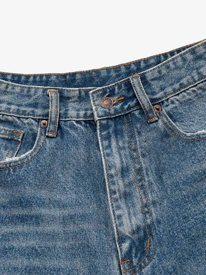 Distressed Washed Whisker Pleated Barrel Jeans