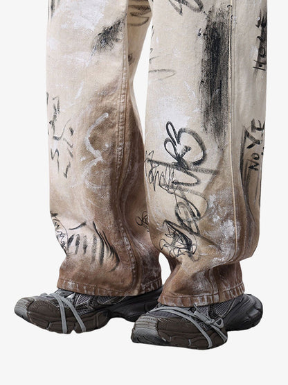 Distressed Washed Graffiti Baggy Jeans